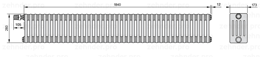 Схема (чертеж) Радиатор Zehnder Charleston 5026/40 №V011 Белый глянцевый RAL 9016